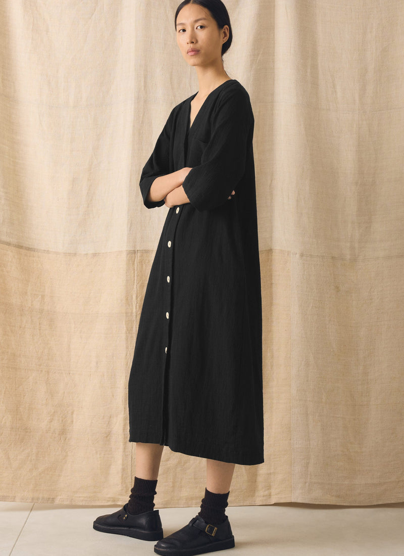 Button Front Crinkle Cotton Dress | Black
