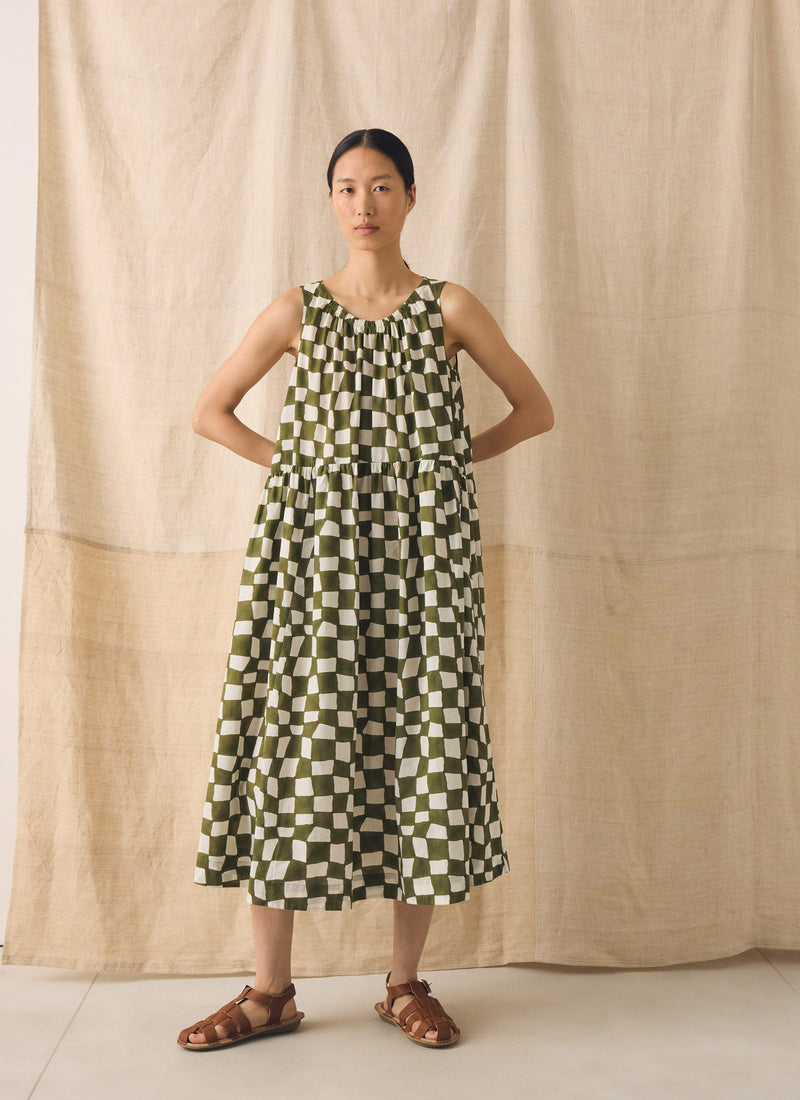 Block Print Warp Check Sleeveless Dress