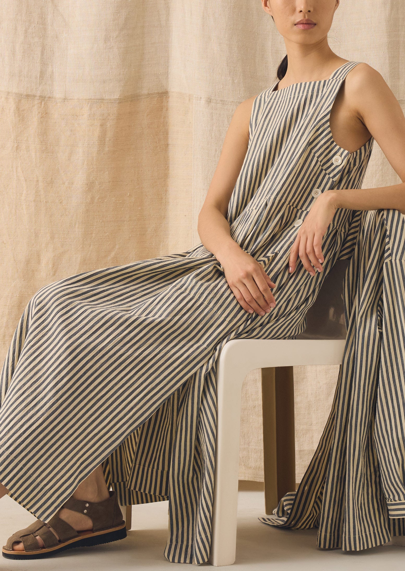 Tablier Stripe Cotton Pinafore Dress | Workshop Blue | TOAST