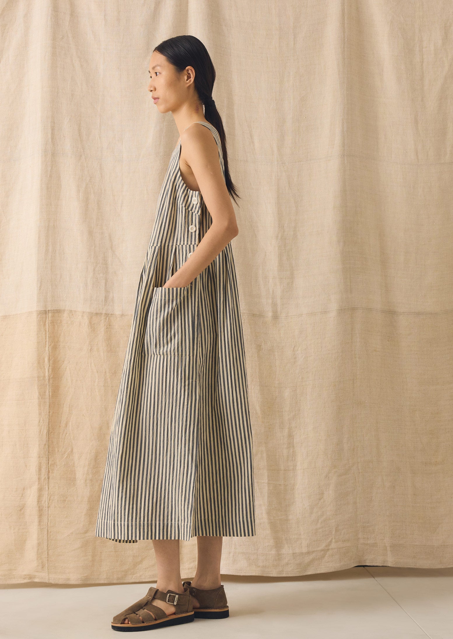 Tablier Stripe Cotton Pinafore Dress | Workshop Blue | TOAST