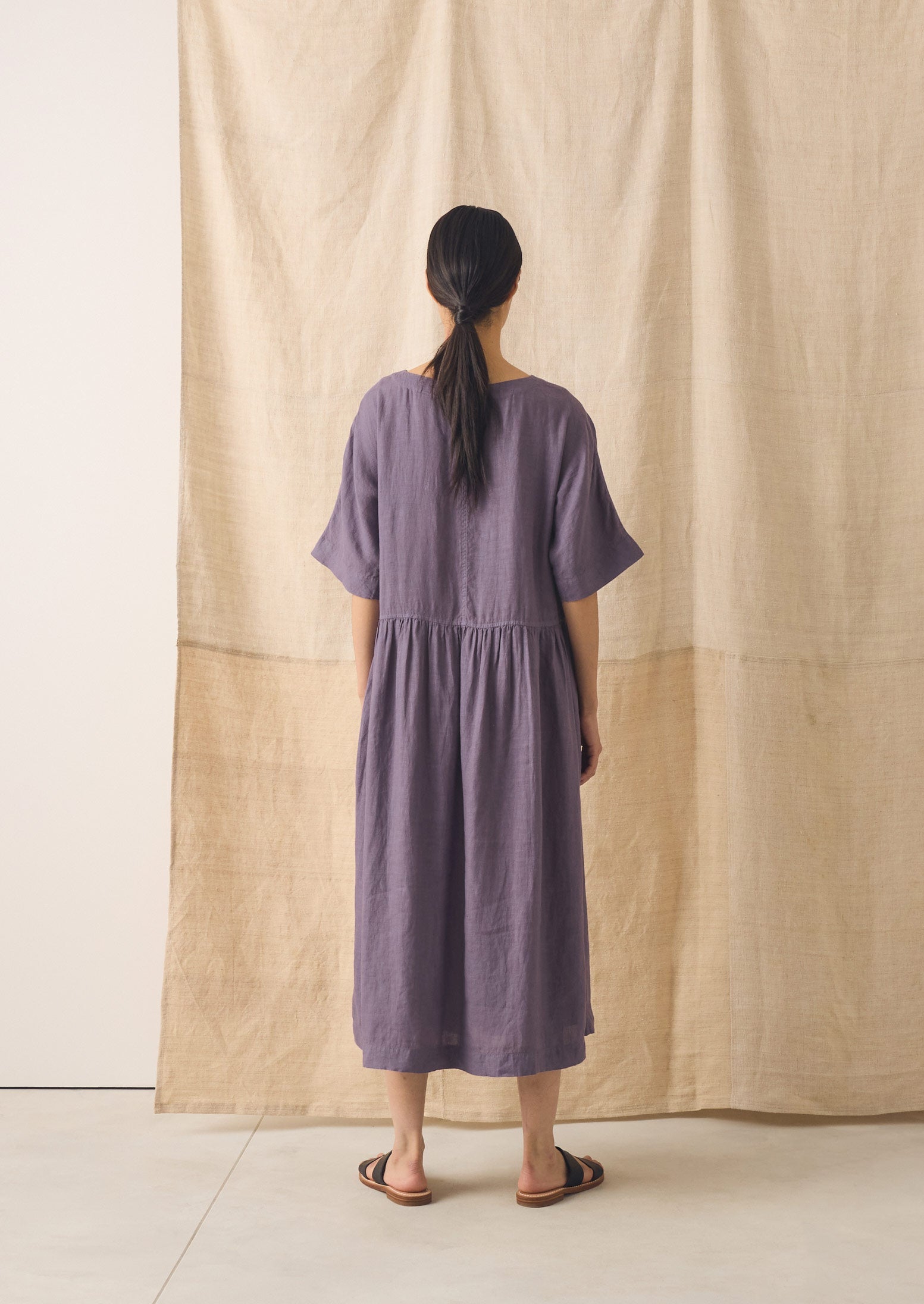 Lightweight Linen Gathered Waist Dress | Dark Thistle | TOAST