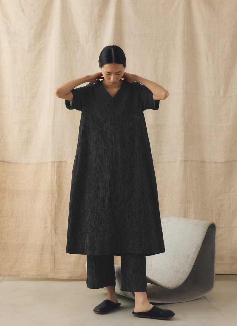 Fine Stripe Crinkled Cotton V Neck Dress | Earth/Ecru