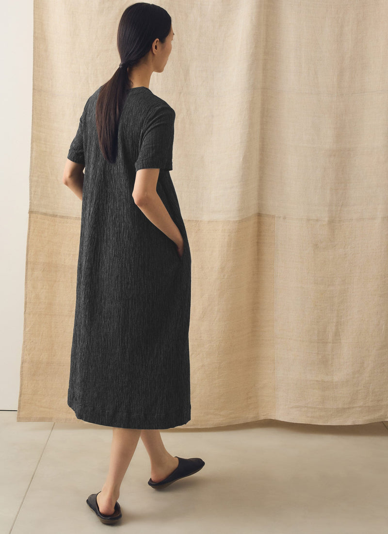 Fine Stripe Crinkled Cotton V Neck Dress