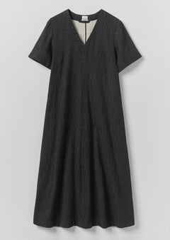 Fine Stripe Crinkled Cotton V Neck Dress