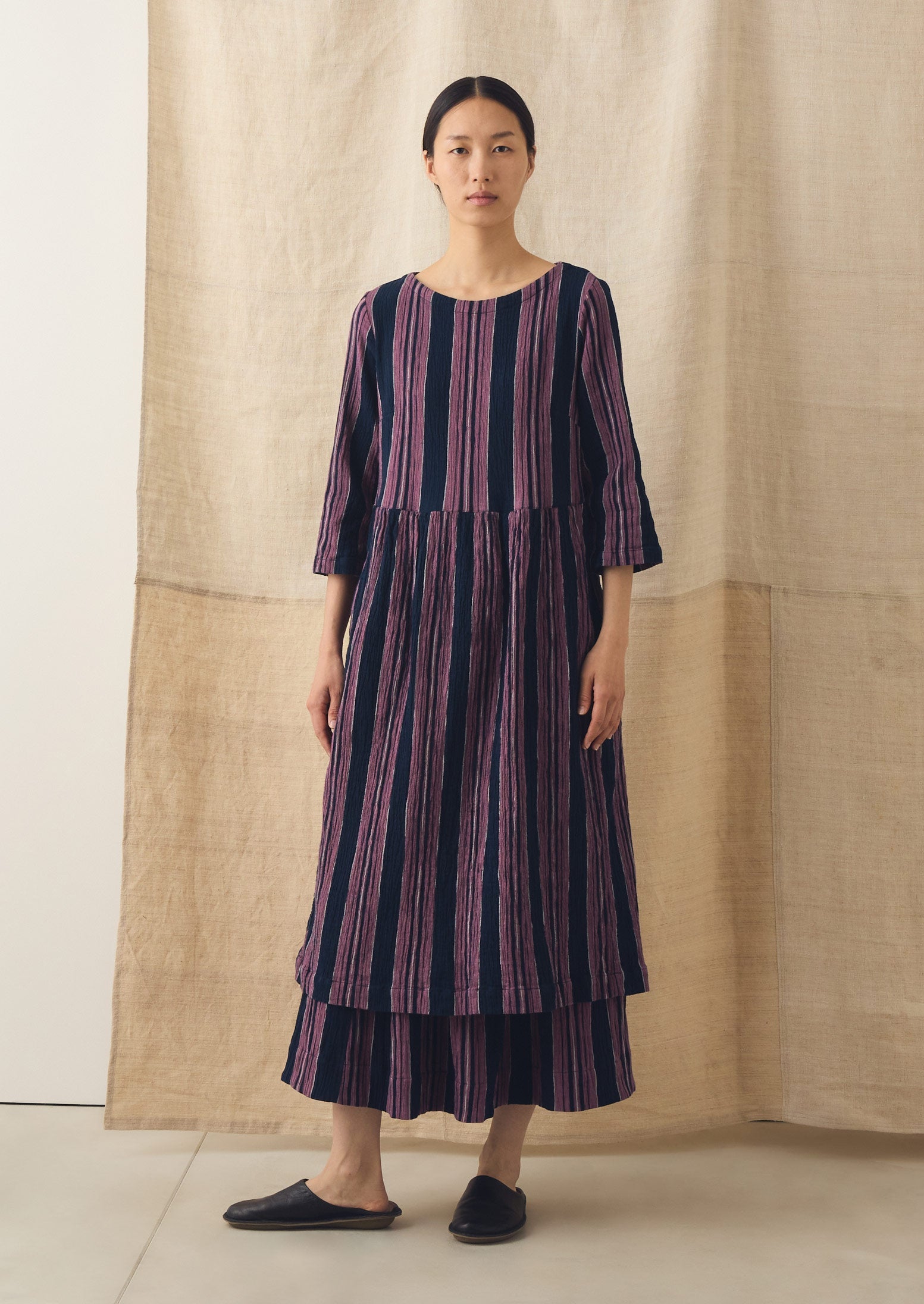 Freya Stripe Crinkle Cotton Dress | Midnight/Rose | TOAST