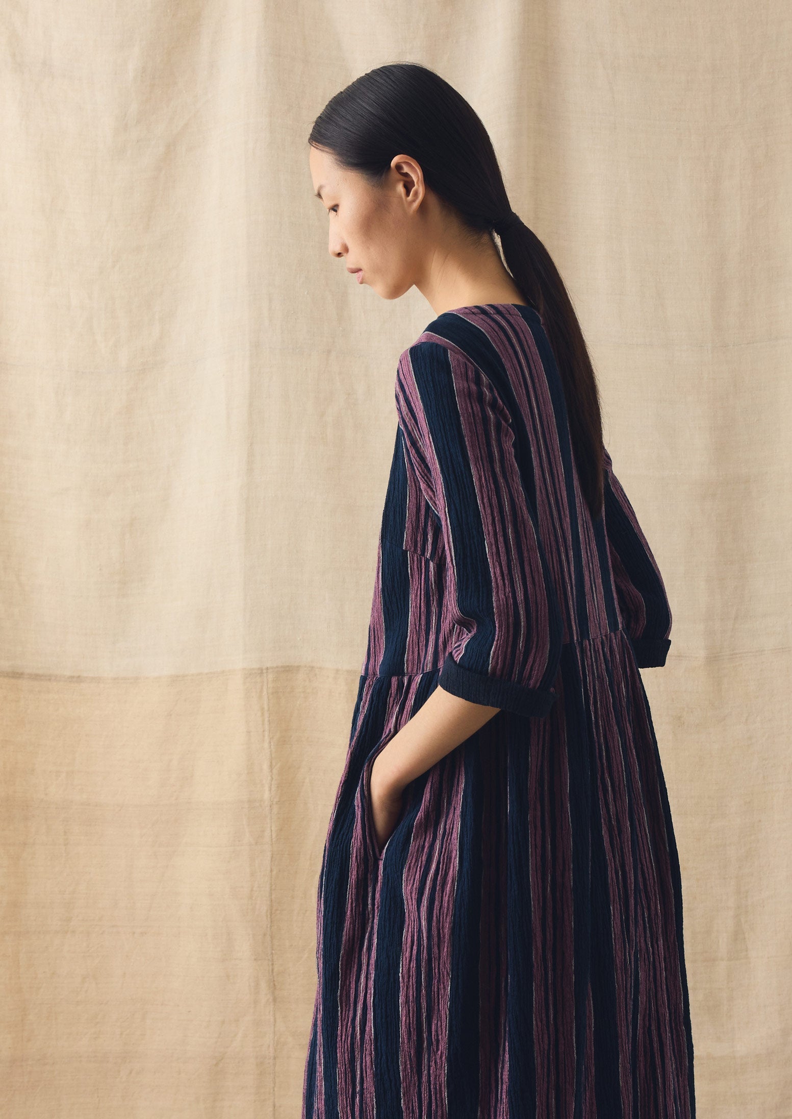Freya Stripe Crinkle Cotton Dress | Midnight/Rose | TOAST