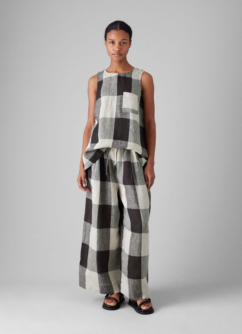 Macro Gingham Lightweight Linen Pants | Ecru/Charcoal