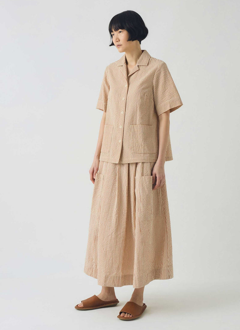 Stripe Cotton Seersucker Boxy Shirt | Terracotta/Ecru