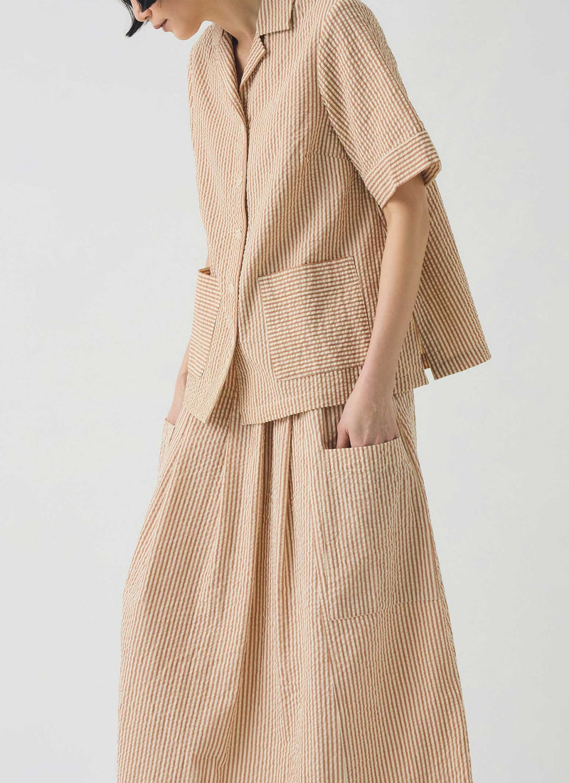 Stripe Cotton Seersucker Boxy Shirt | Terracotta/Ecru