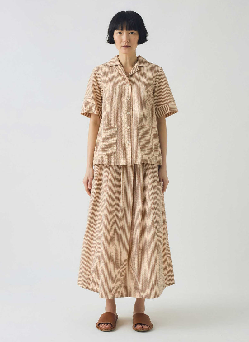 Stripe Cotton Seersucker Boxy Shirt | Terracotta/Ecru