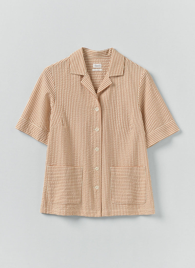 Stripe Cotton Seersucker Boxy Shirt | Terracotta/Ecru