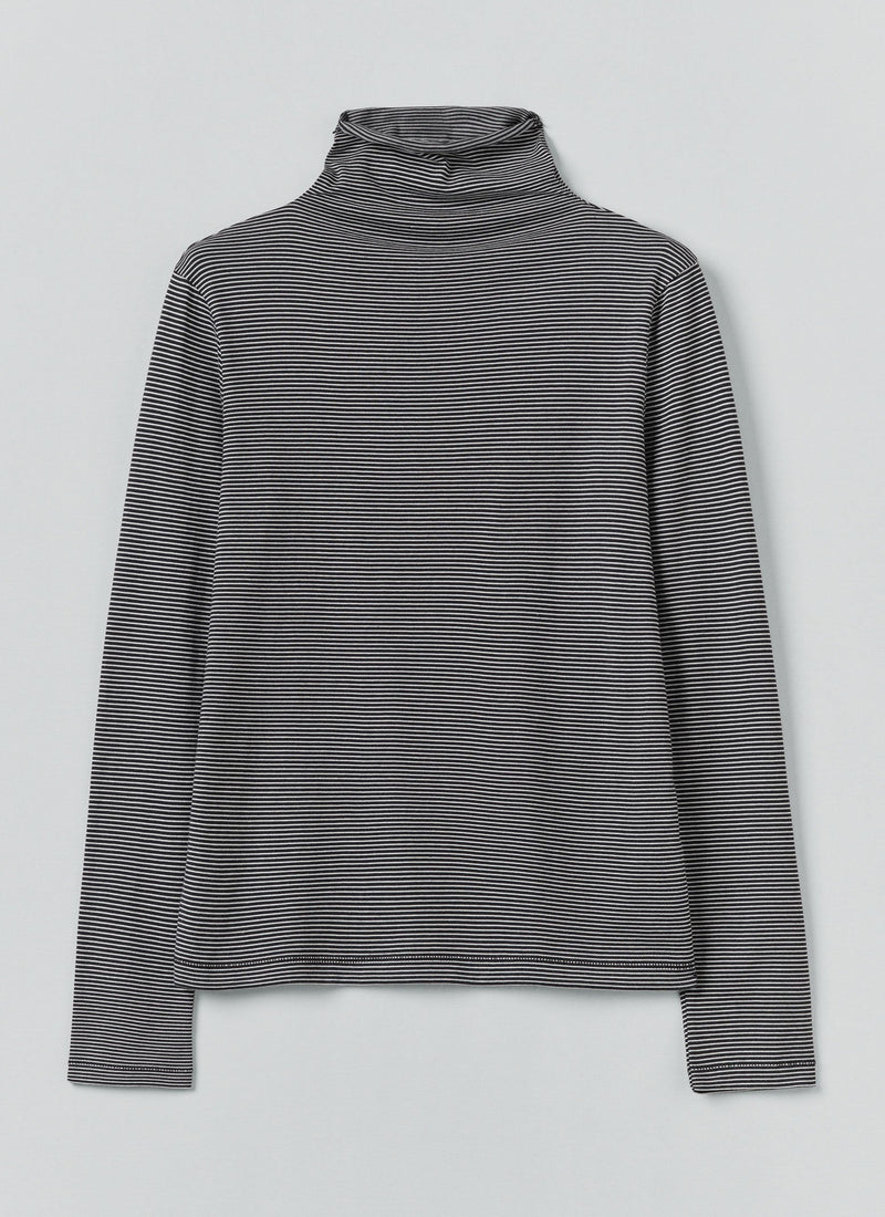 Stripe Cotton High Neck Tee | Dark Navy/Ecru