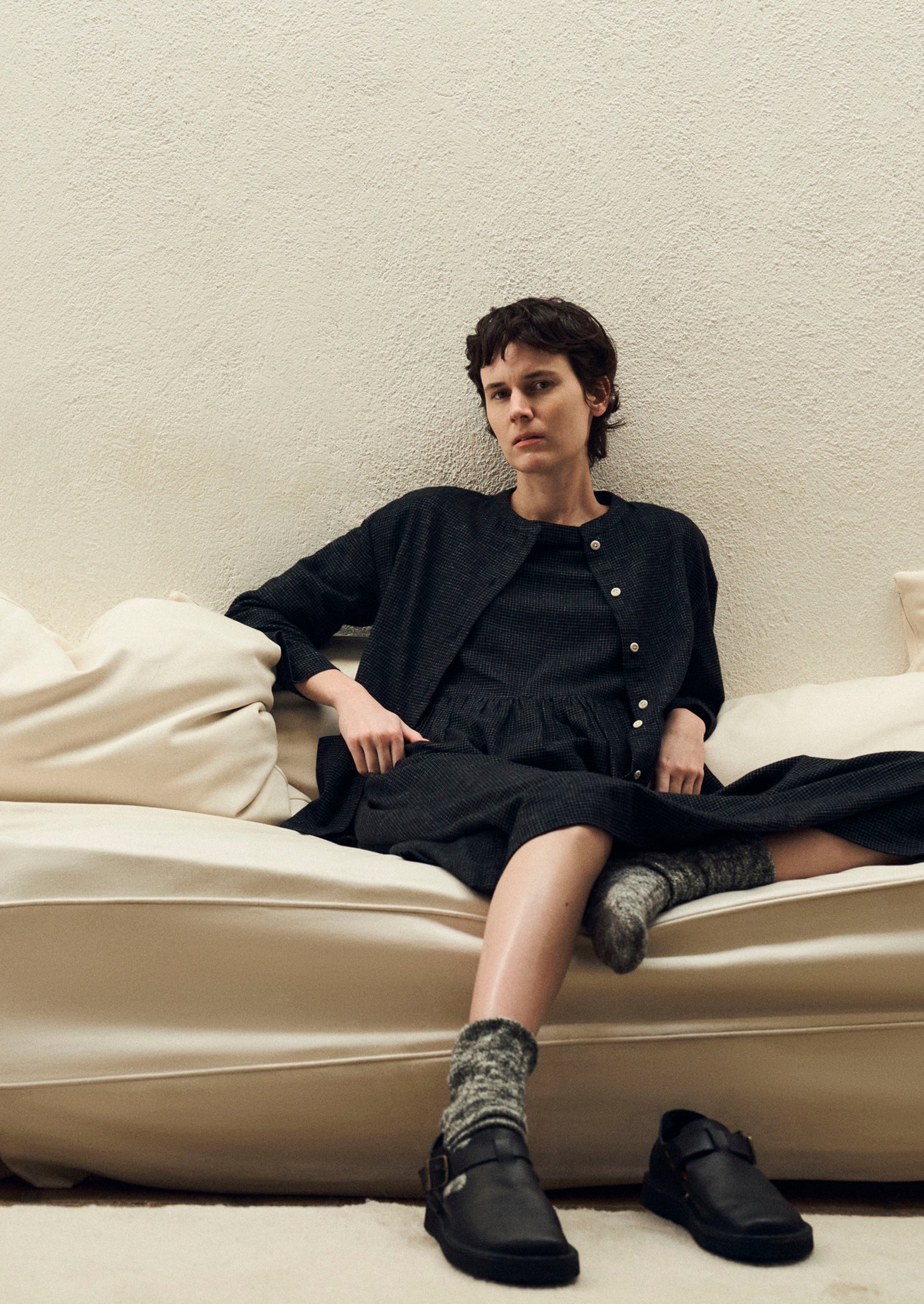 Cotton Cashmere Check Shirt | Black/Ecru | TOAST