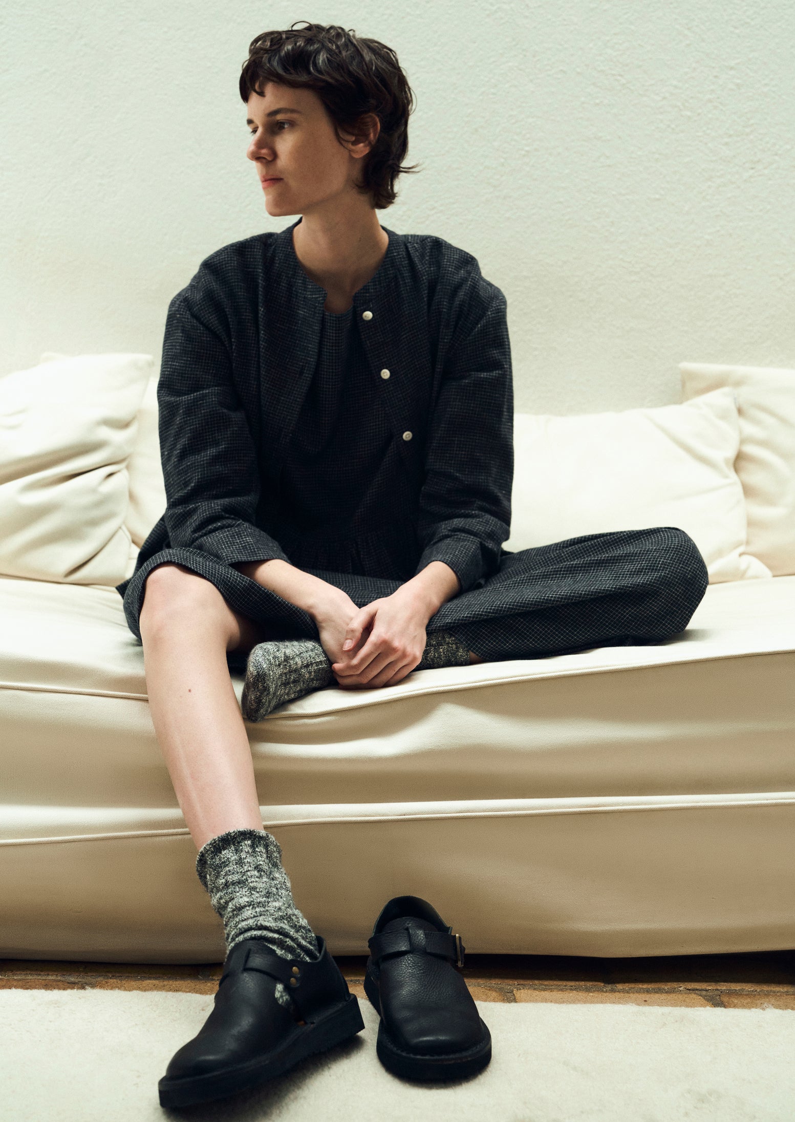 Cotton Cashmere Check Shirt | Black/Ecru | TOAST