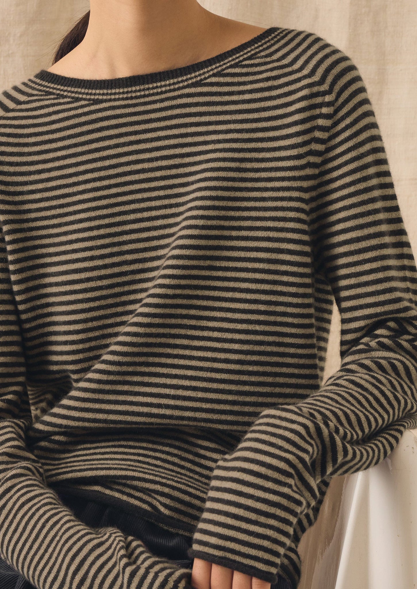 Stripe Wool Cashmere Neat Sweater | Brown Umber/Biscuit
