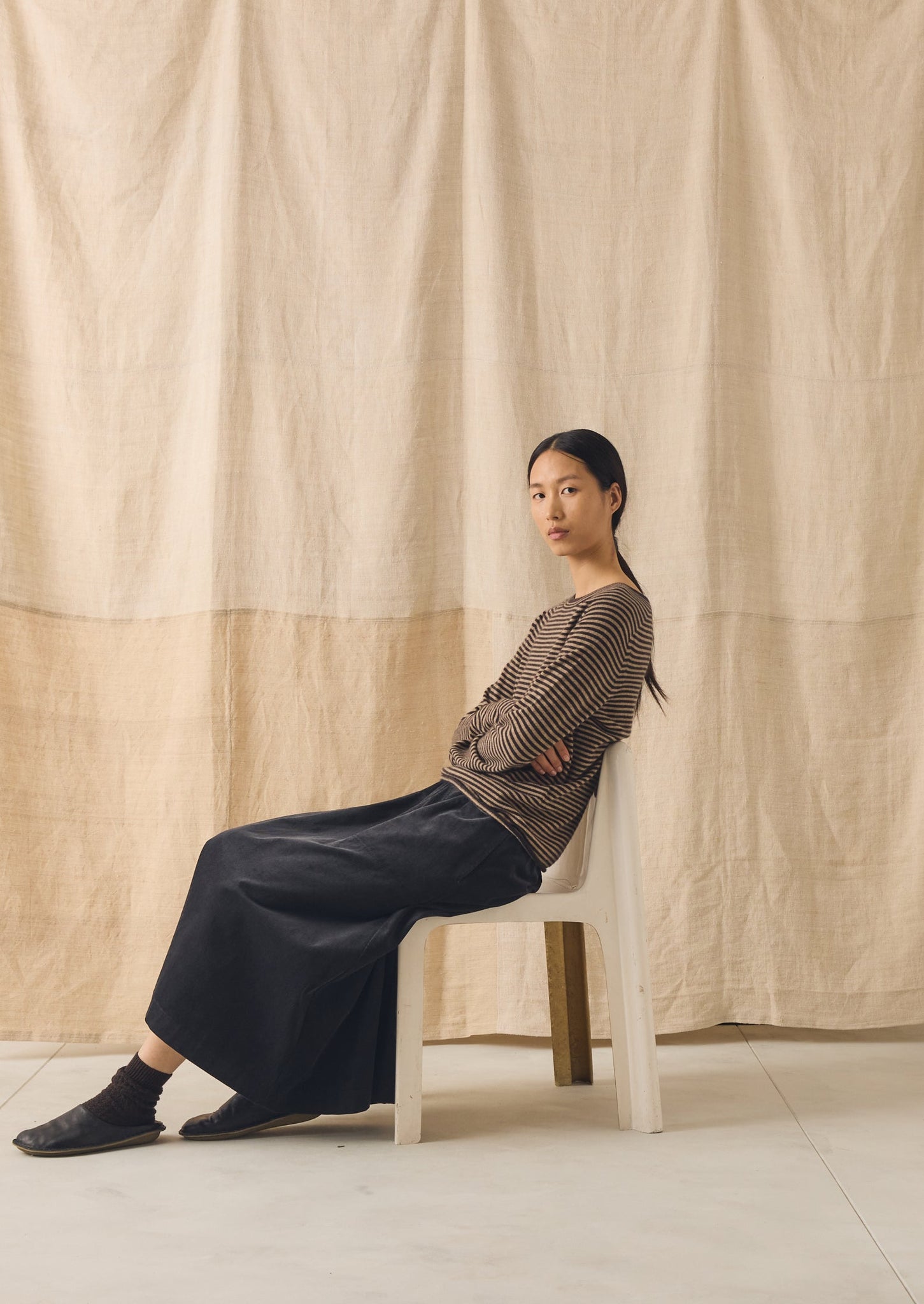 Stripe Wool Cashmere Neat Sweater | Brown Umber/Biscuit