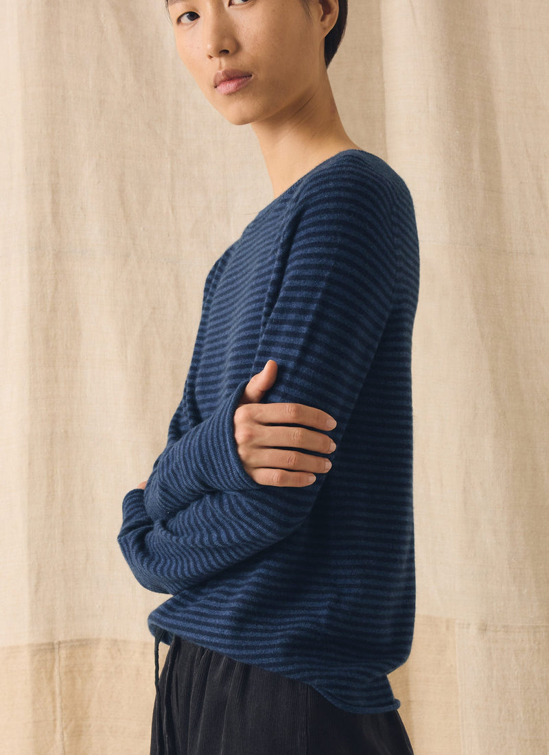 Stripe Wool Cashmere Neat Sweater | Denim Blue/Blue