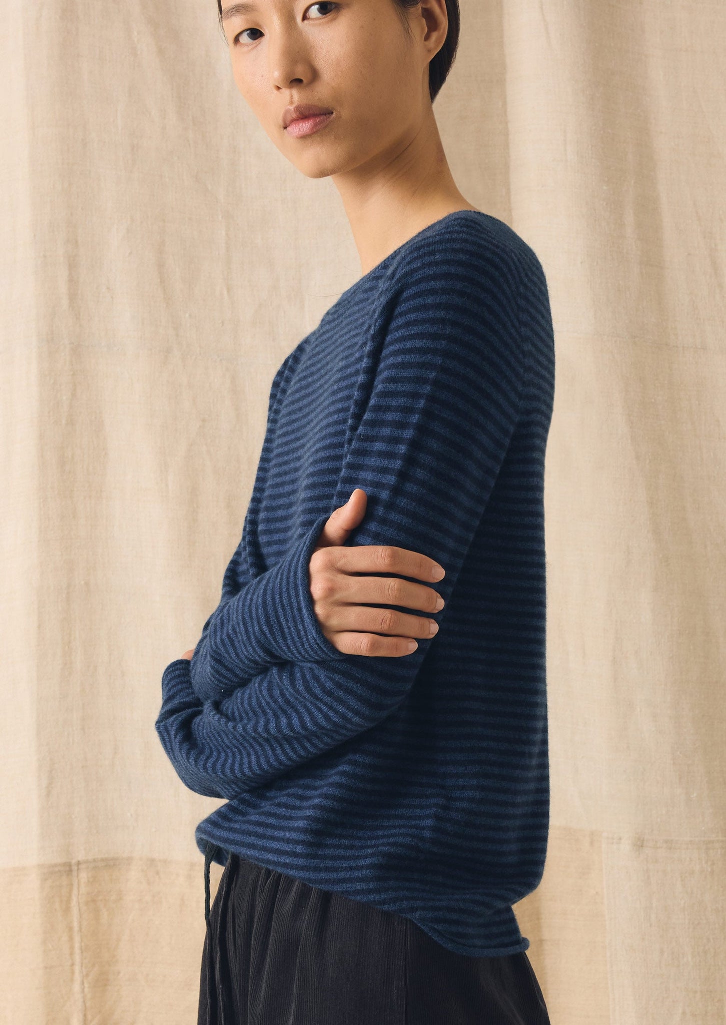 Stripe Wool Cashmere Neat Sweater | Denim Blue/Blue