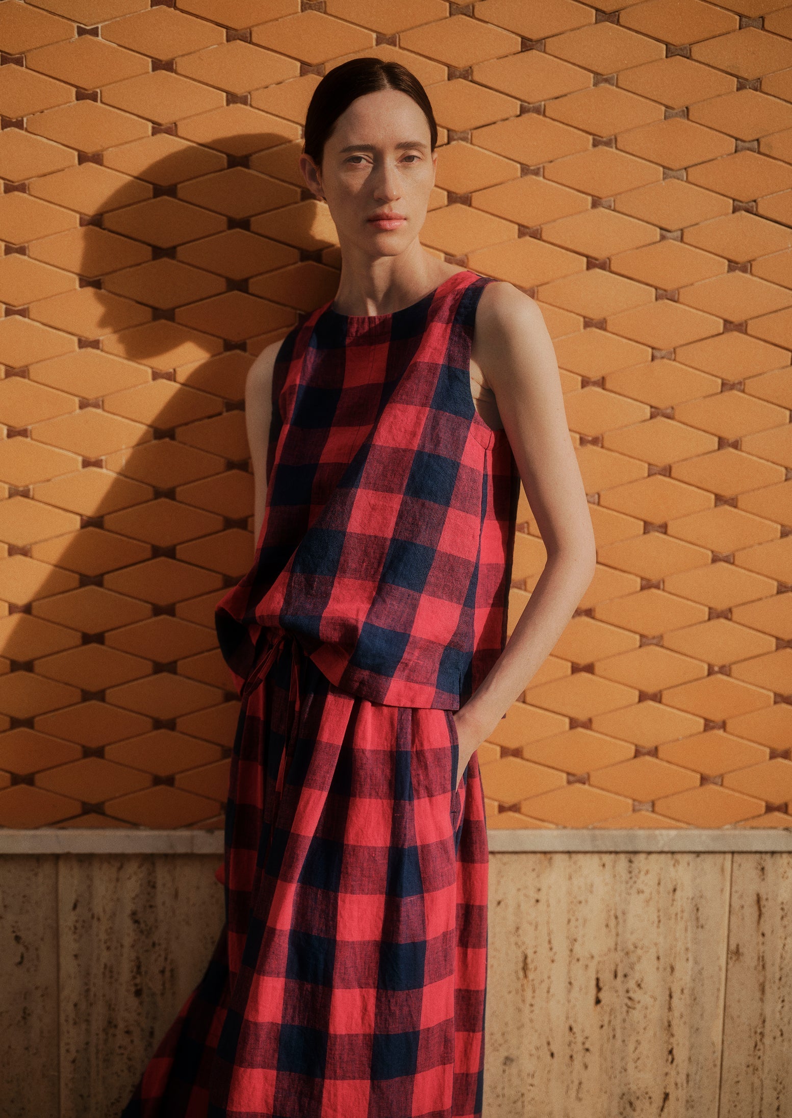 Gingham Check Linen Tank | Raspberry/Blue | TOAST