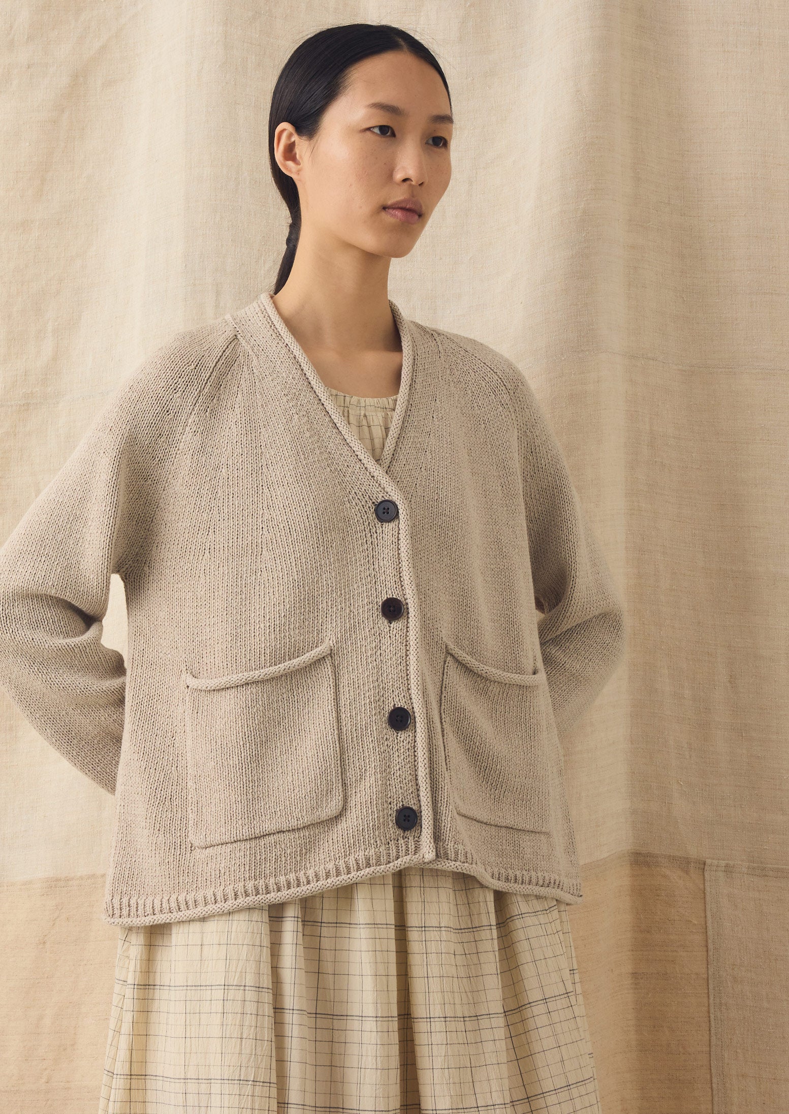 Cotton Linen V Neck Cardigan | Putty | TOAST