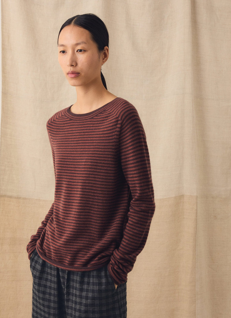 Stripe Wool Cashmere Neat Sweater | Burgundy/Bordeaux