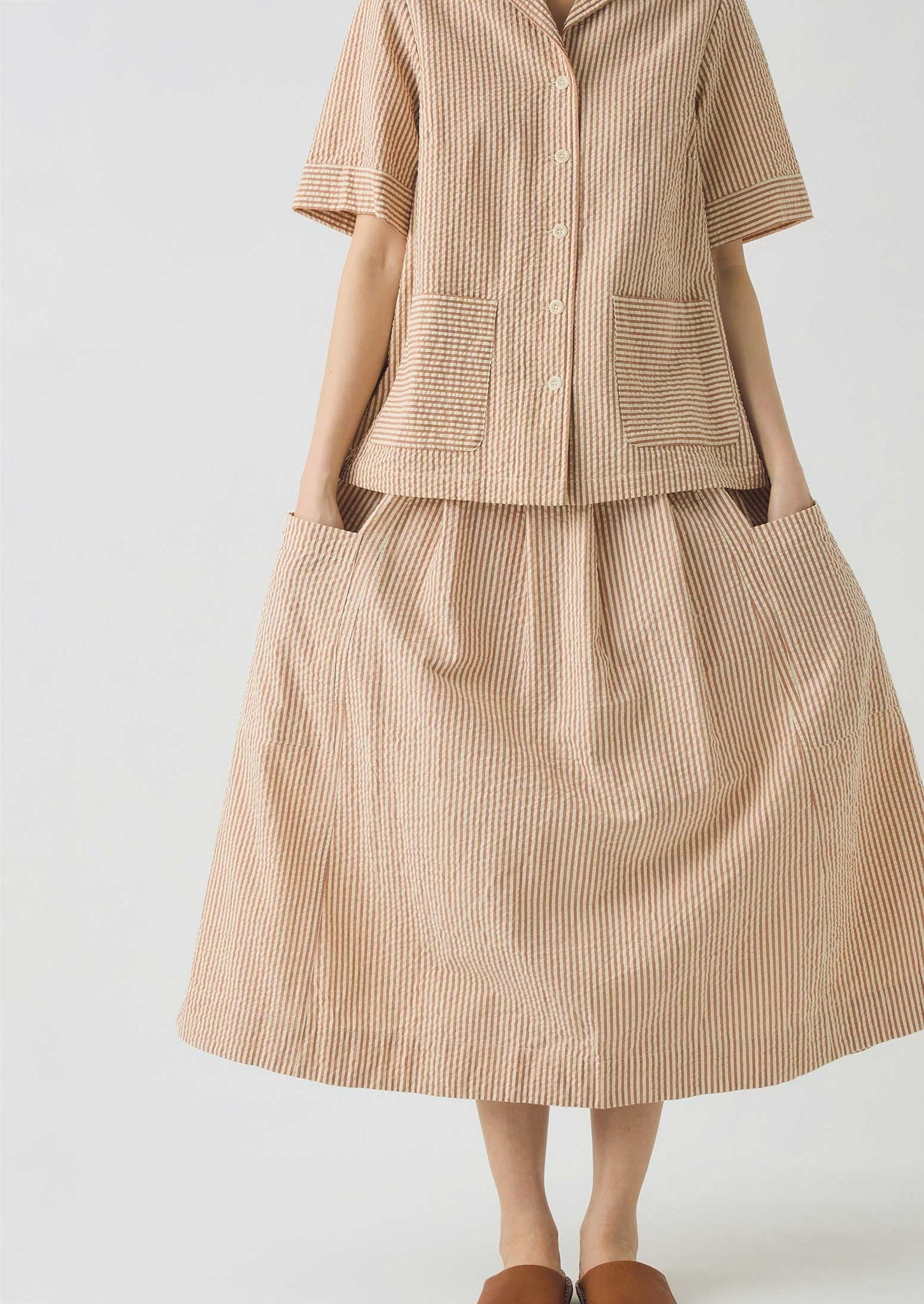 Stripe Cotton Seersucker Patch Pocket Skirt | Terracotta/Ecru