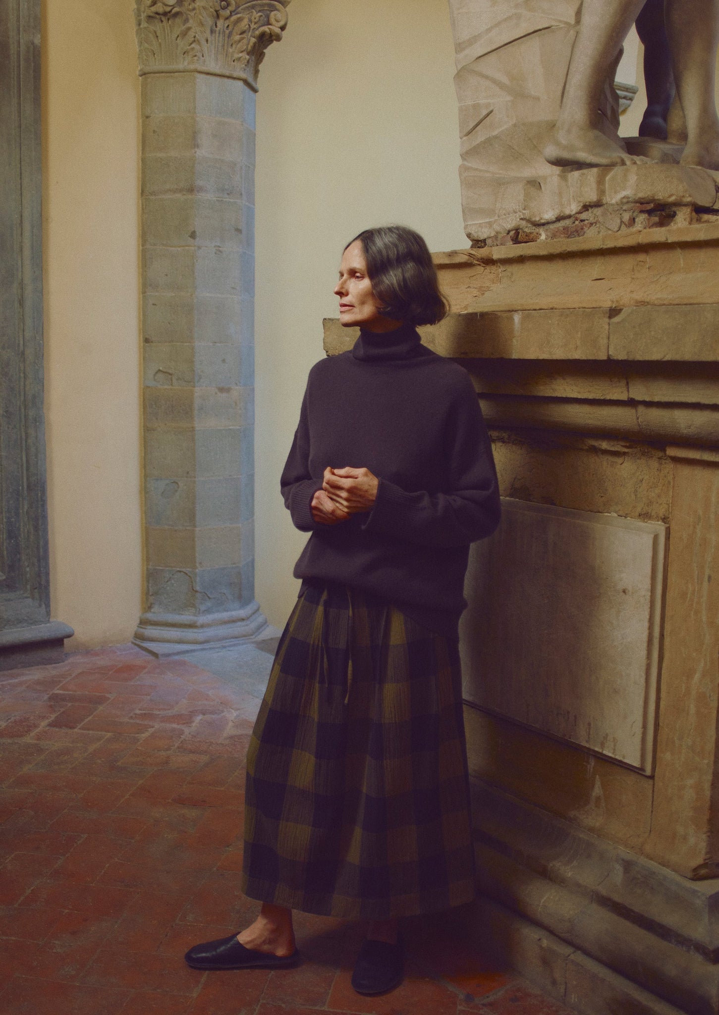 Crinkle Cotton Macro Gingham Skirt | Olive/Black