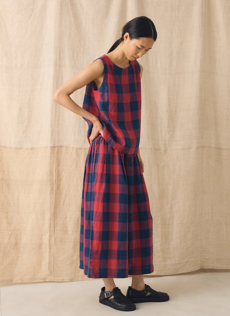Gingham Check Linen Skirt | Raspberry/Blue