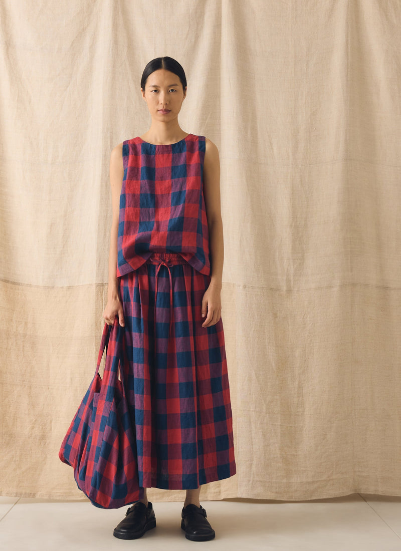 Gingham Check Linen Skirt | Raspberry/Blue