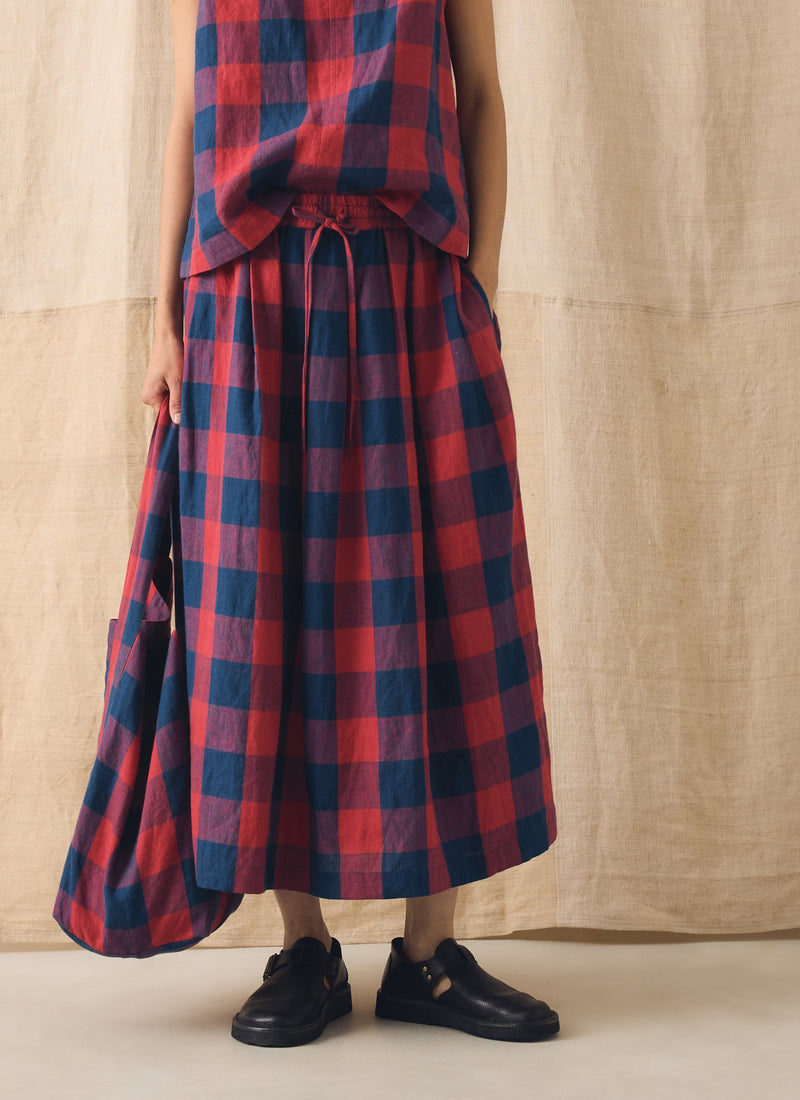Gingham Check Linen Skirt | Raspberry/Blue