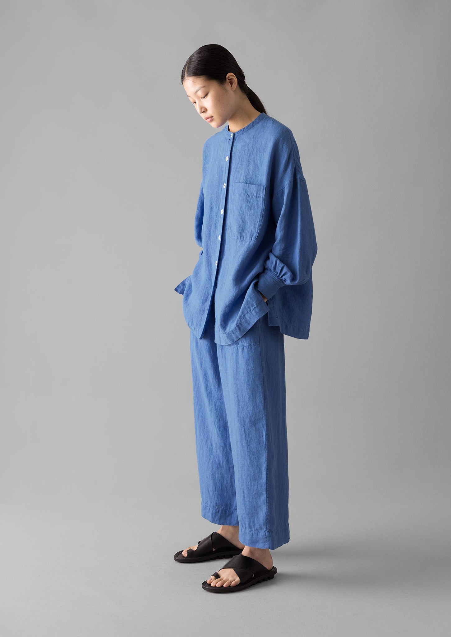 Garment Dyed Linen Barrel Leg Pants | Blue Violane