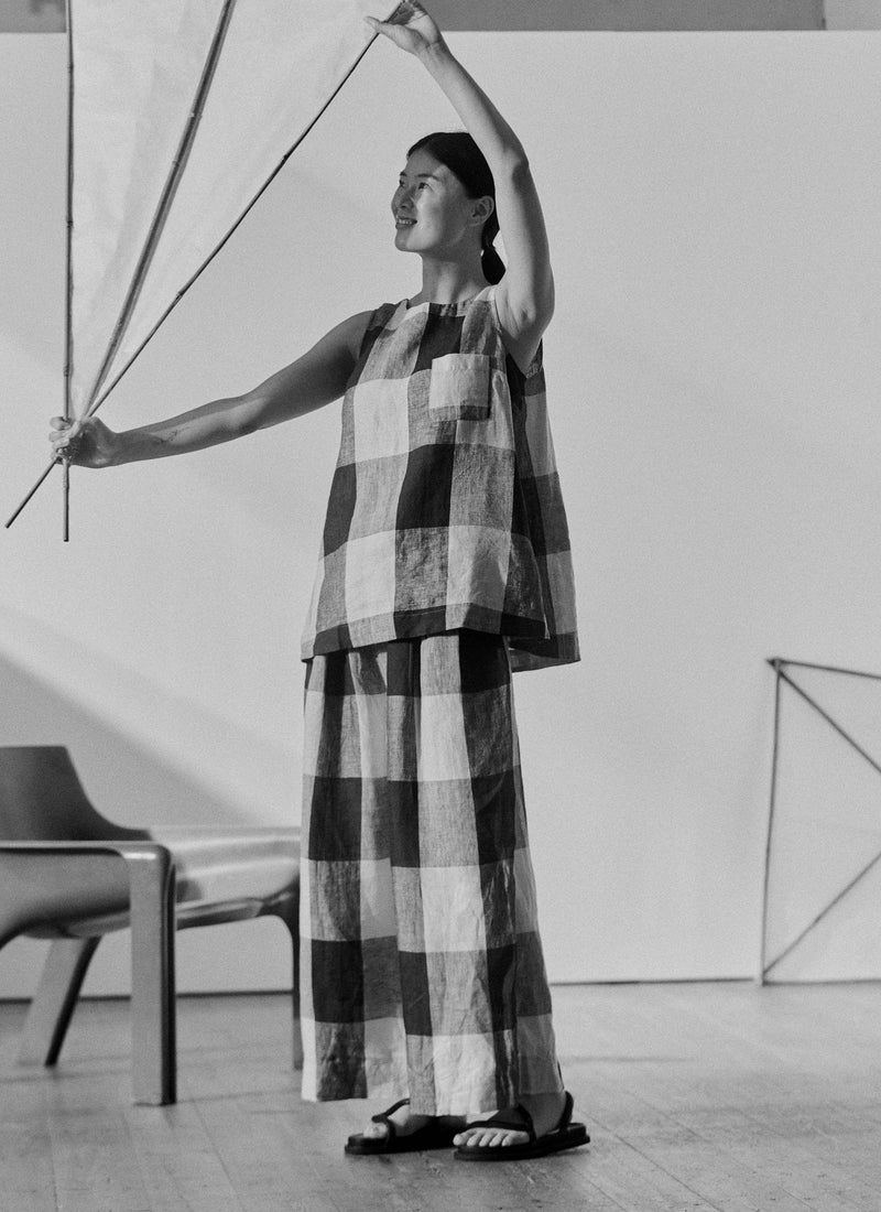 Macro Gingham Lightweight Linen Pants | Ecru/Charcoal