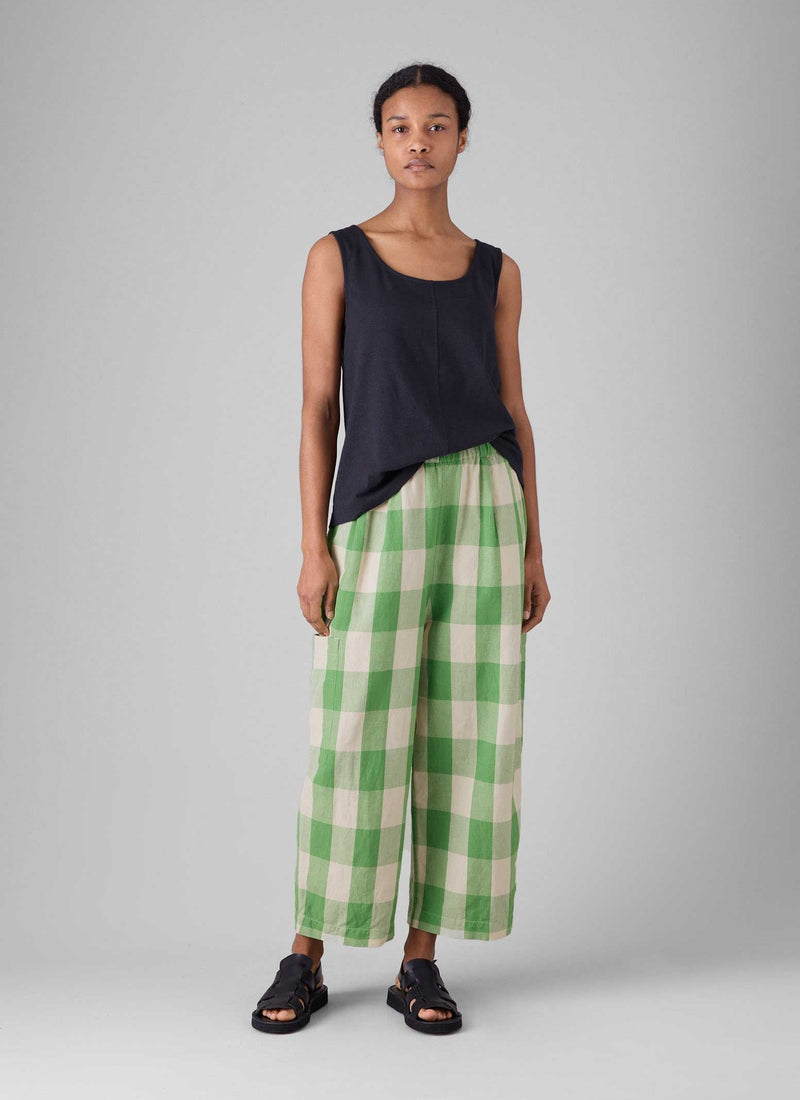 Gingham Linen Cotton Pants | Lawn Green/Pulp