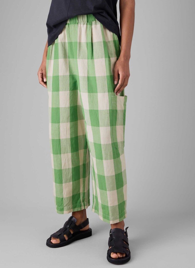 Gingham Linen Cotton Pants | Lawn Green/Pulp