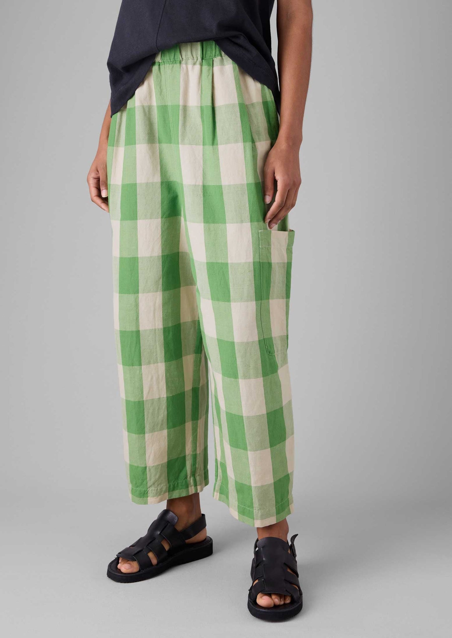 Gingham Linen Cotton Pants | Lawn Green/Pulp