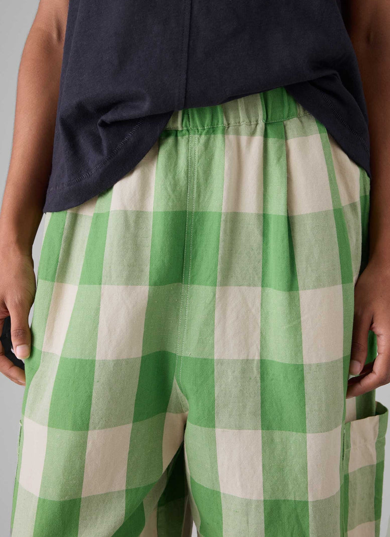 Gingham Linen Cotton Pants | Lawn Green/Pulp