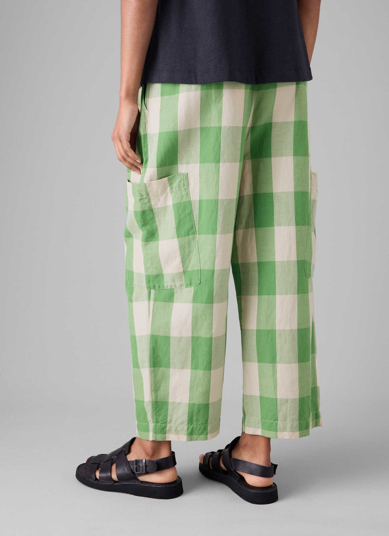 Gingham Linen Cotton Pants | Lawn Green/Pulp