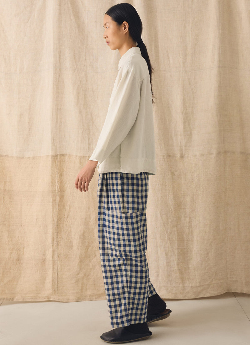 Gingham Linen Cotton Patch Pocket Pants | Denim Blue