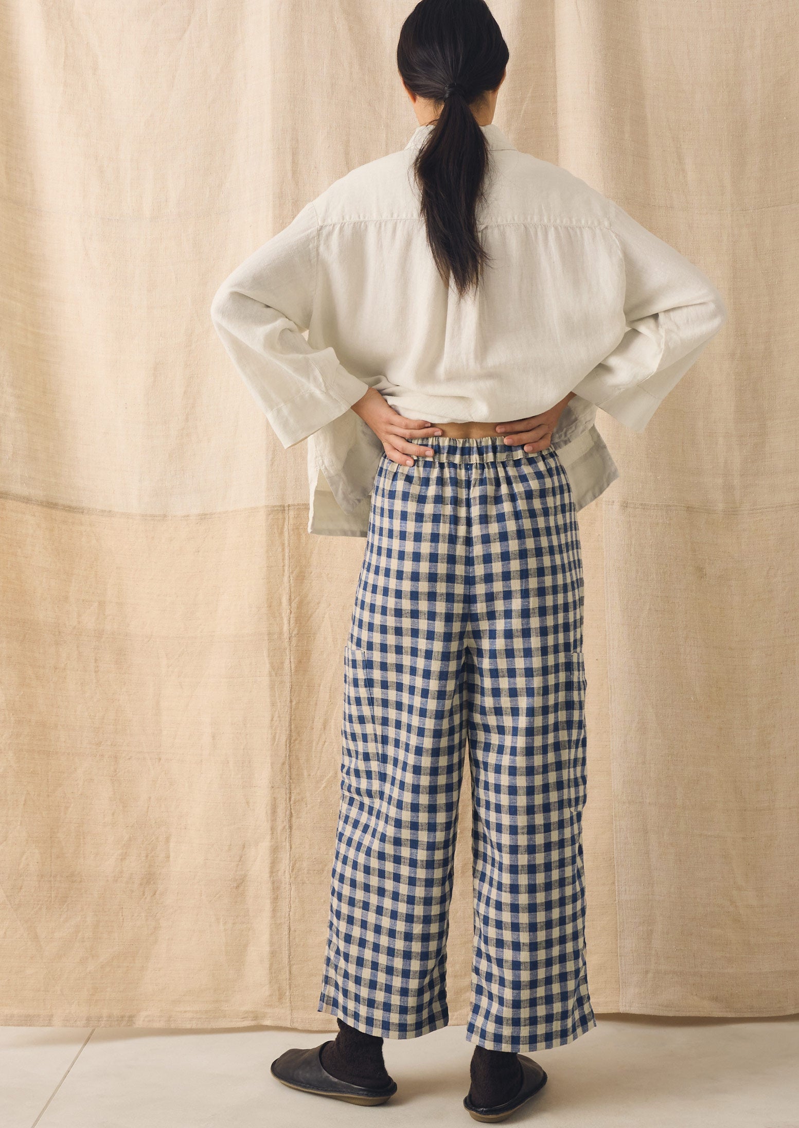 Gingham Linen Cotton Patch Pocket Pants | Denim Blue | TOAST