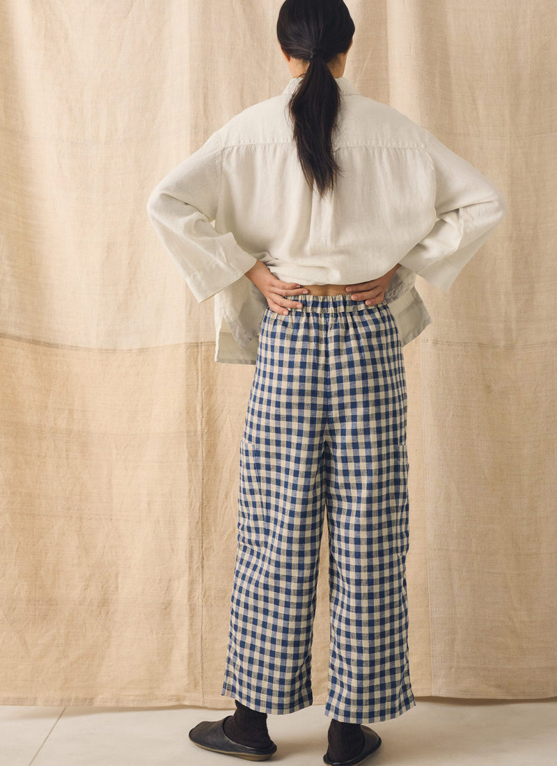 Gingham Linen Cotton Patch Pocket Pants | Denim Blue