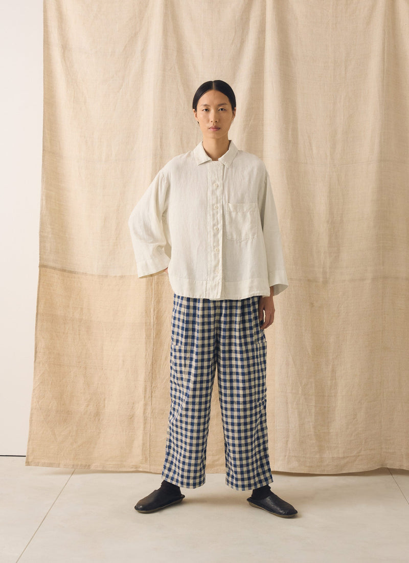 Gingham Linen Cotton Patch Pocket Pants | Denim Blue