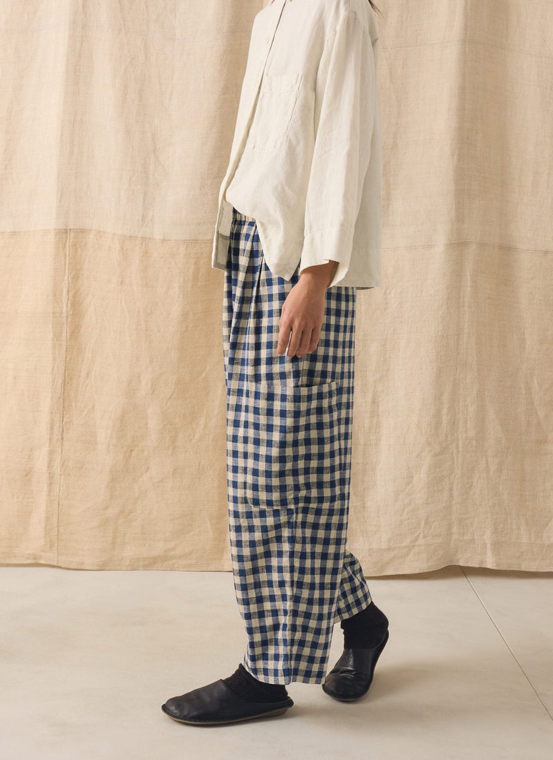 Gingham Linen Cotton Patch Pocket Pants | Denim Blue
