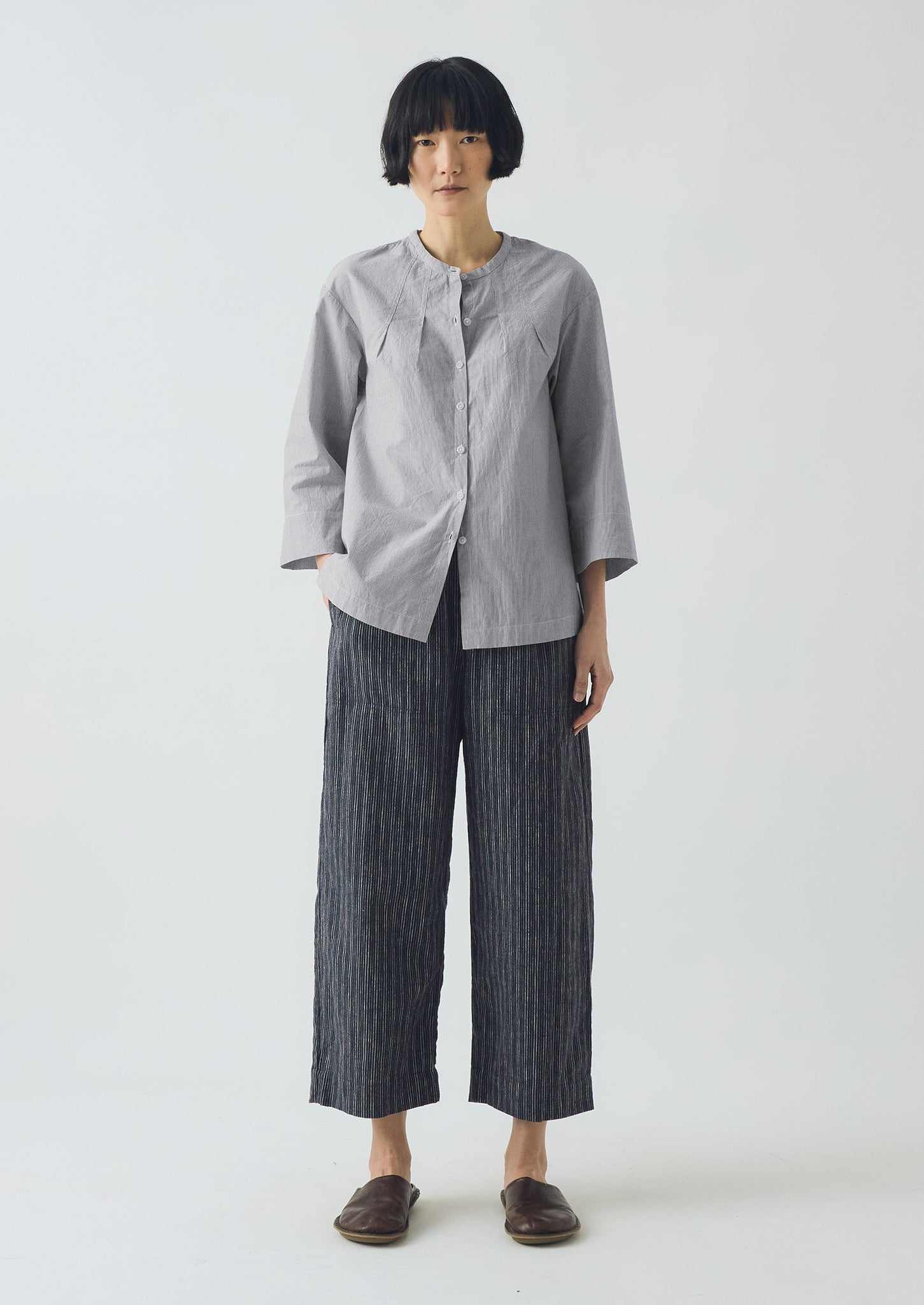Stripe Linen Cotton Barrel Leg Pants | Shadow Blue/Black