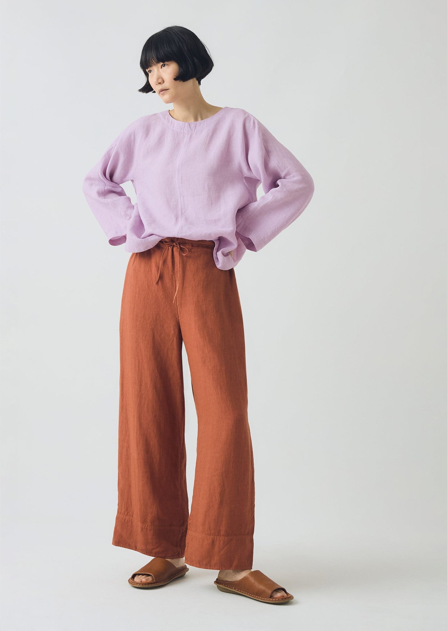 Garment Dyed Linen Wide Pants | Burnt Sienna