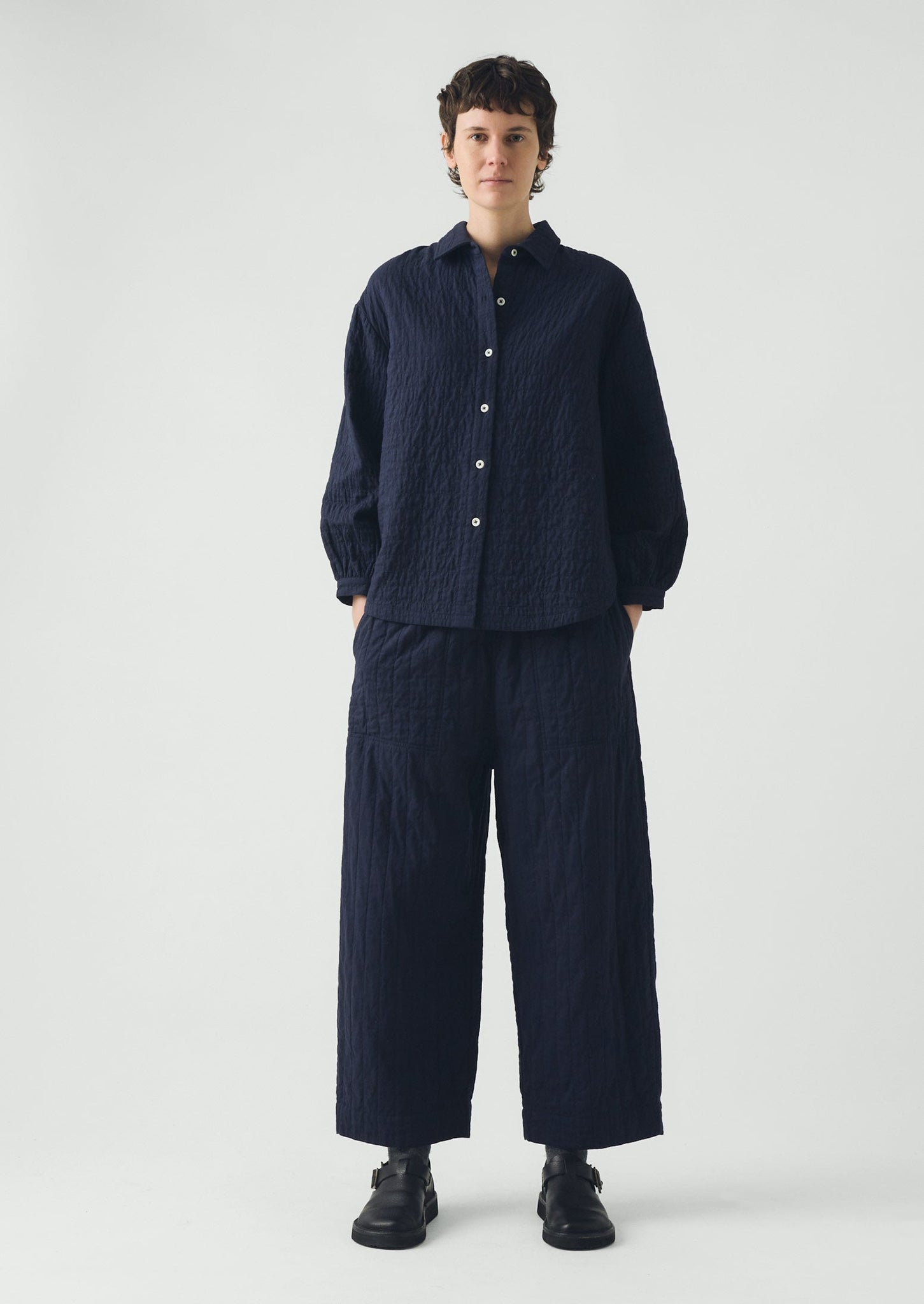 Quilted Cotton Barrel Leg Pants | Indigo Blue