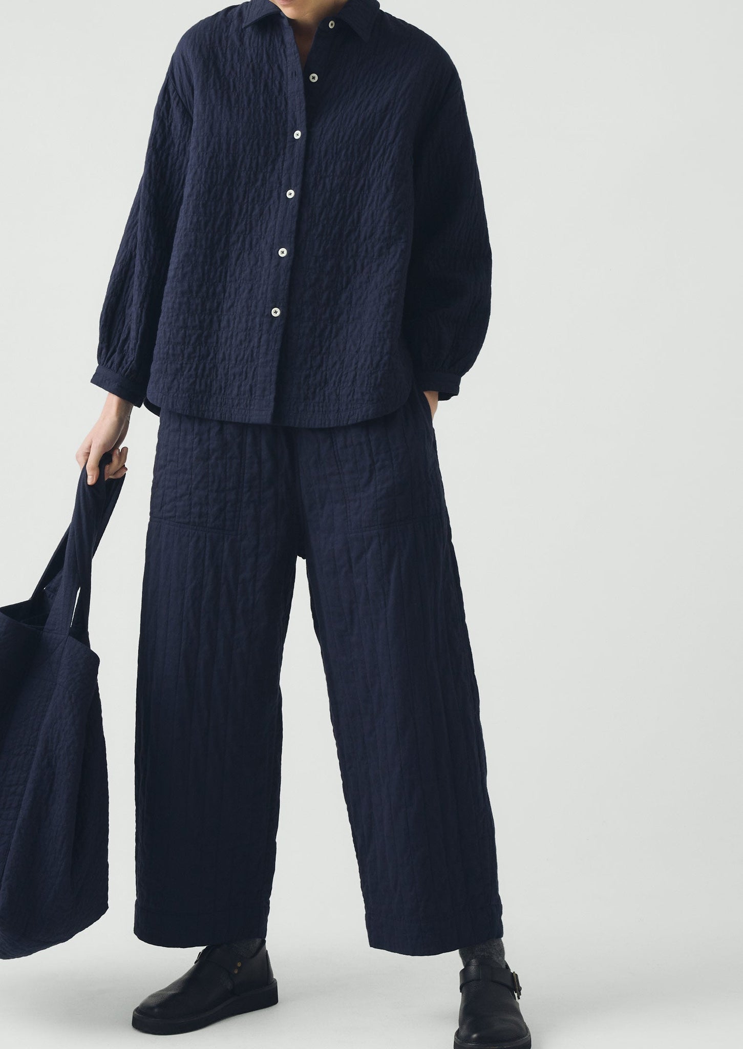 Quilted Cotton Barrel Leg Pants | Indigo Blue