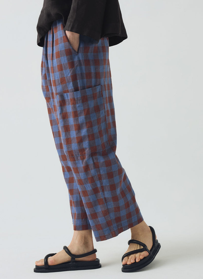 Mineral Check Linen Cotton Pants | Brown Ochre/Dark Cornflower