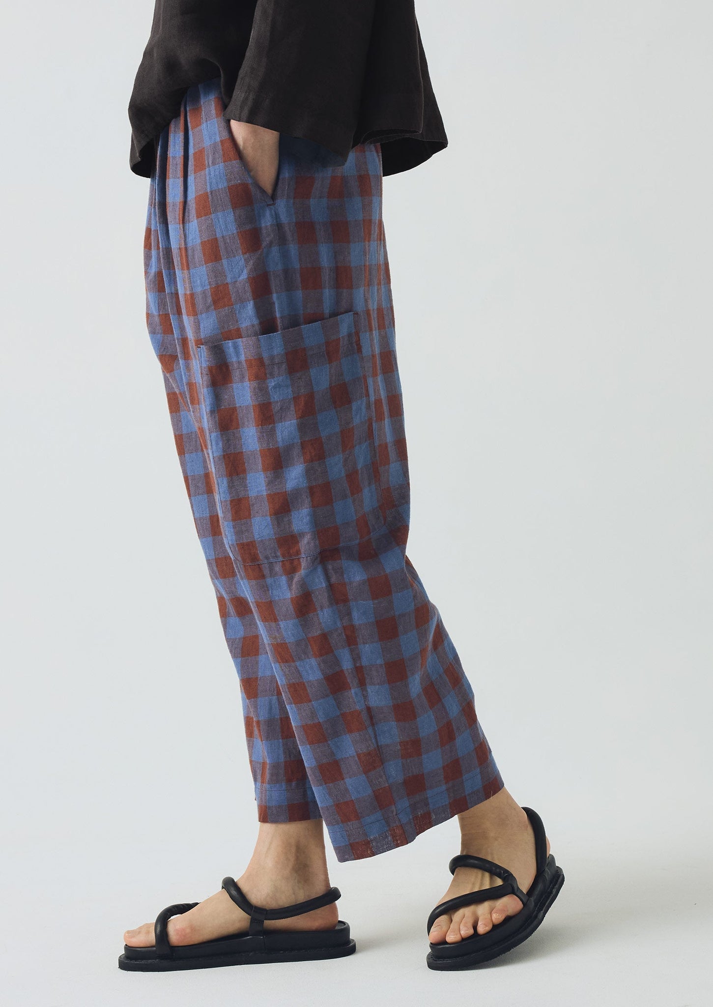 Mineral Check Linen Cotton Pants | Brown Ochre/Dark Cornflower