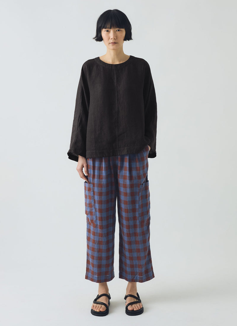 Mineral Check Linen Cotton Pants | Brown Ochre/Dark Cornflower