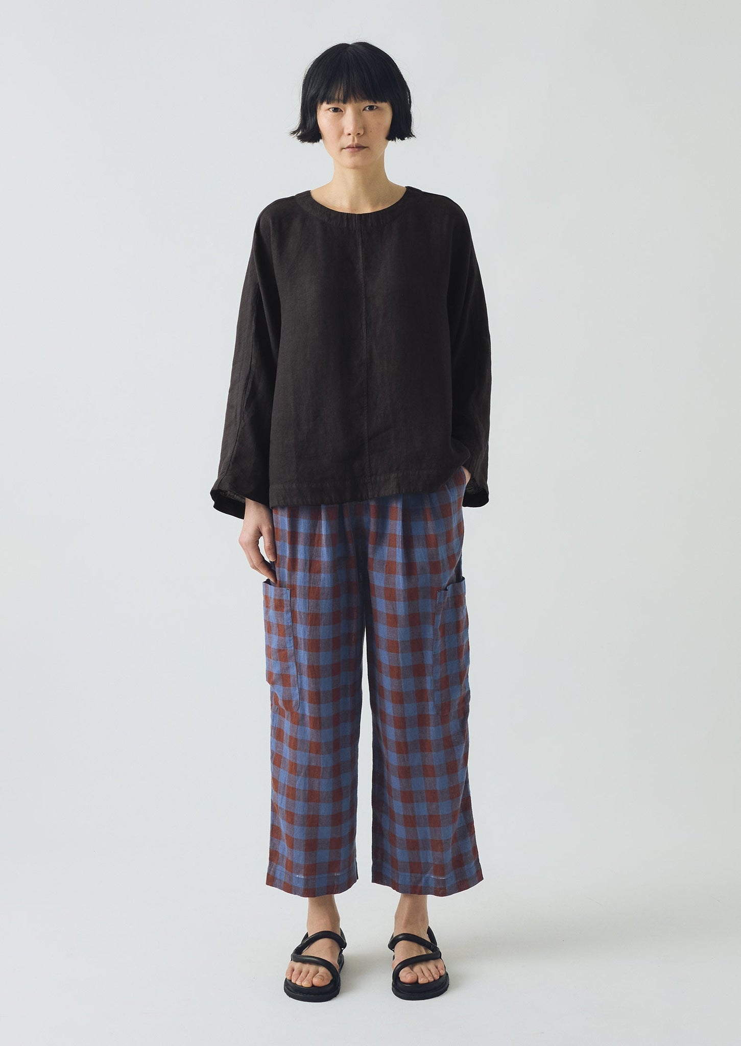 Mineral Check Linen Cotton Pants | Brown Ochre/Dark Cornflower